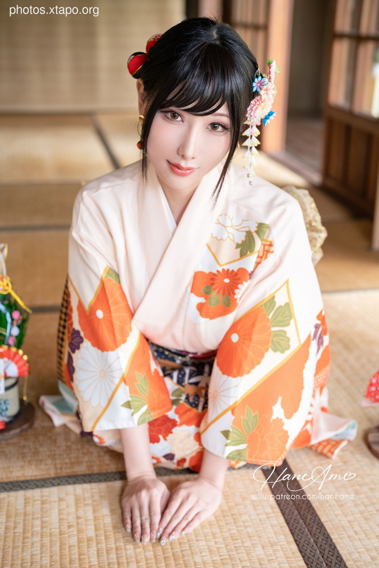 HaneAme 雨波 — Flower Print Kimono Girl