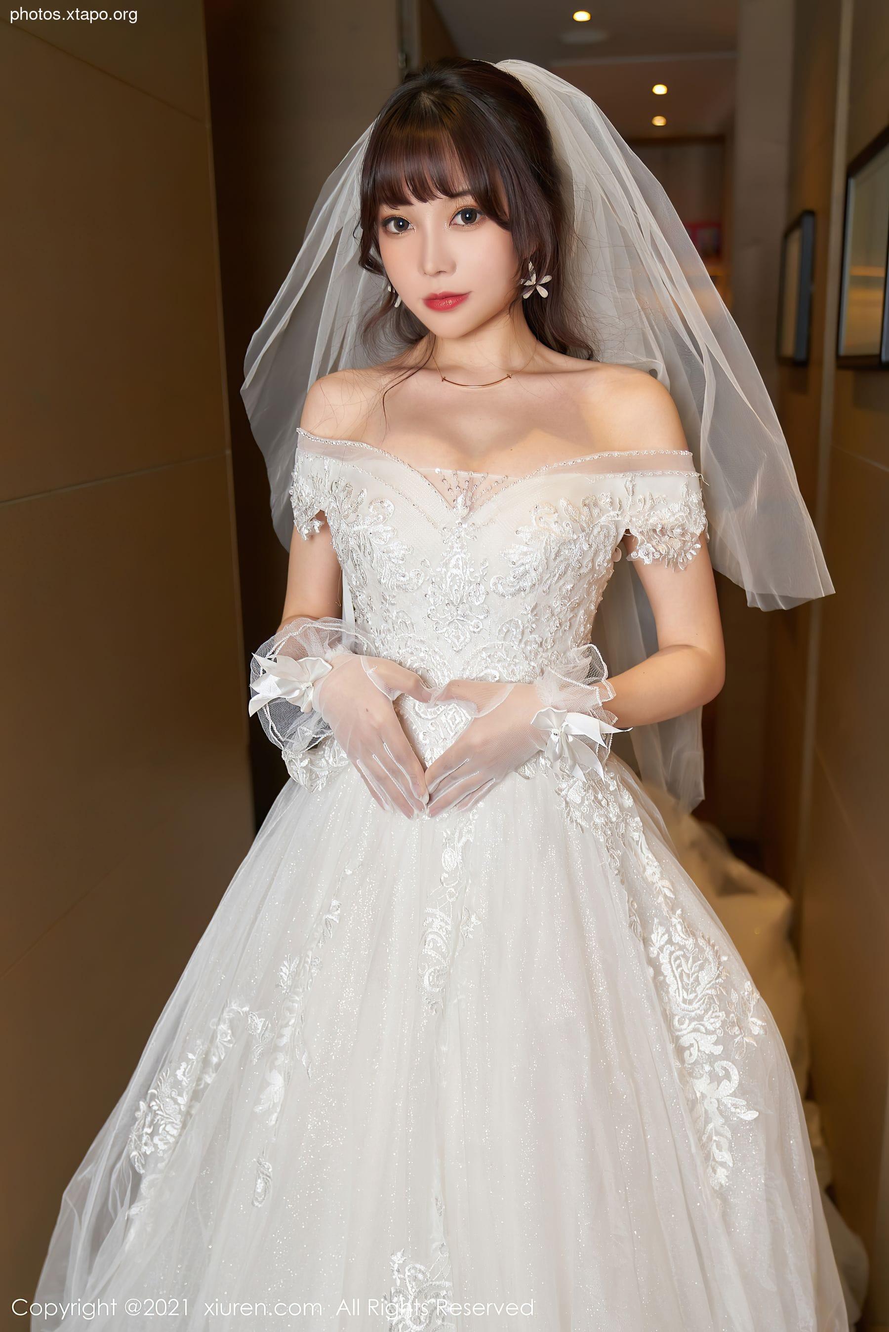 A beautiful bride poses in a stunning off-the-shoulder lace wedding gown with a long veil.  The dress features delicate embroidery and a flowing skirt.