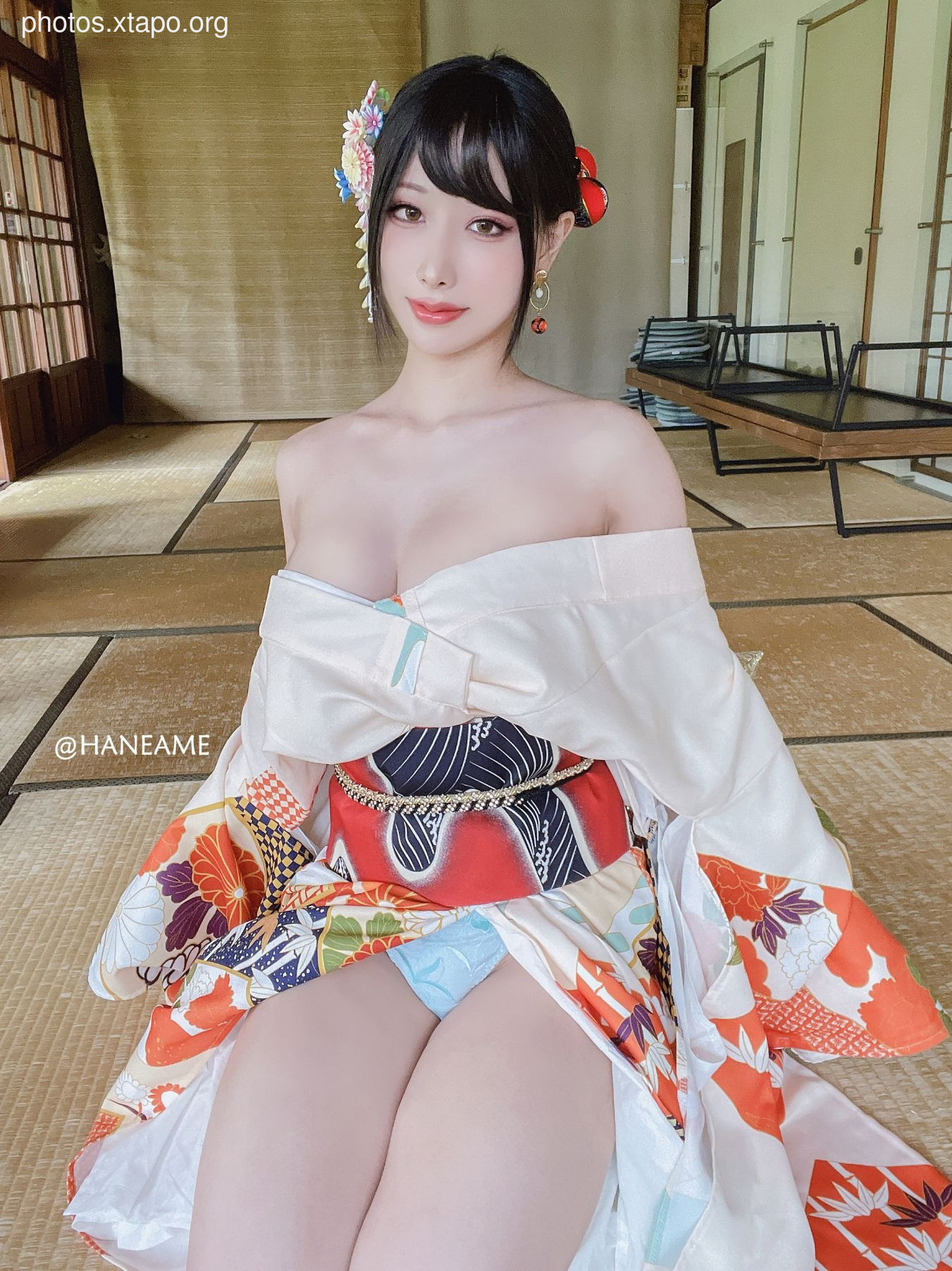 HaneAme 雨波 — Flower Print Kimono Girl