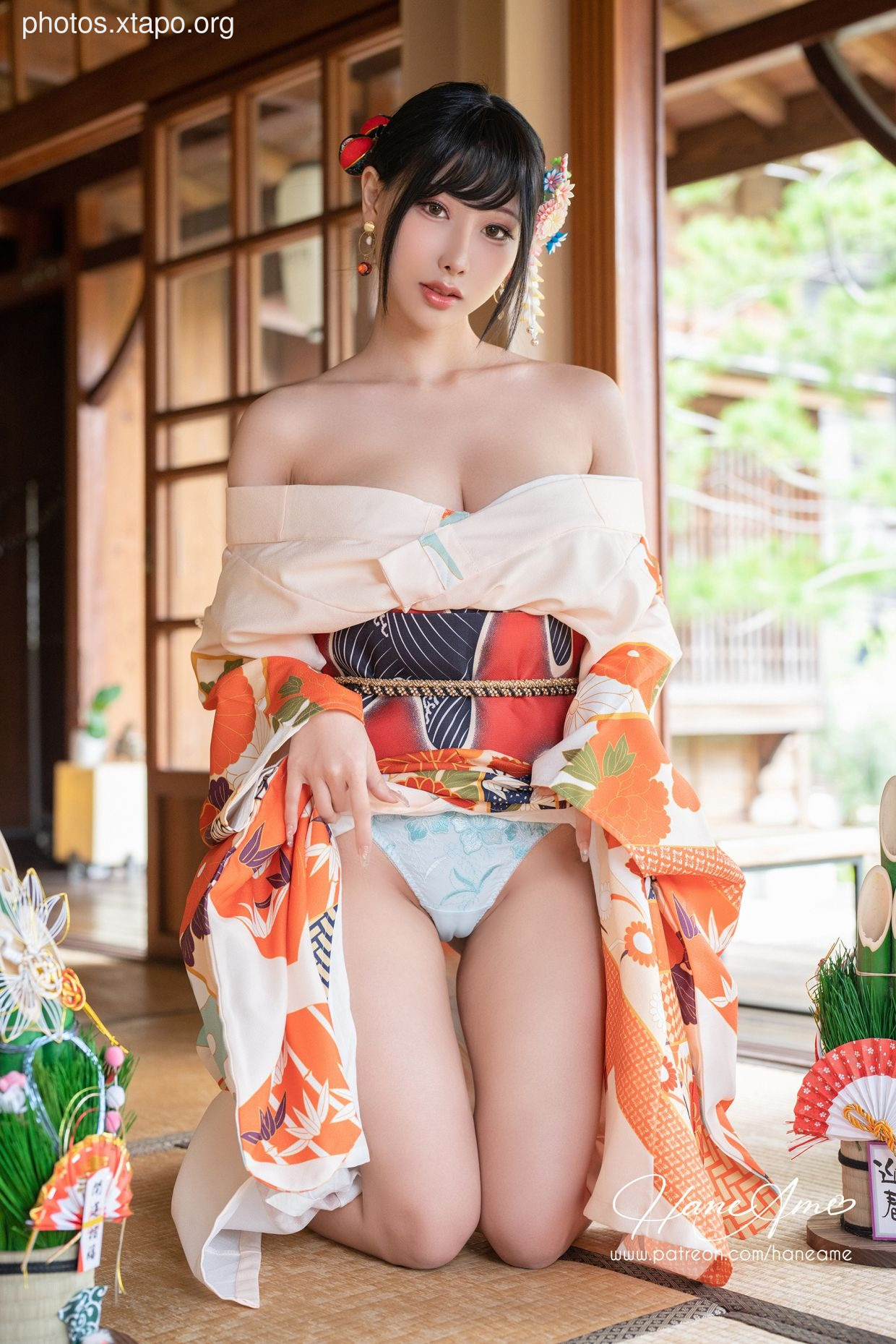 HaneAme 雨波 — Flower Print Kimono Girl