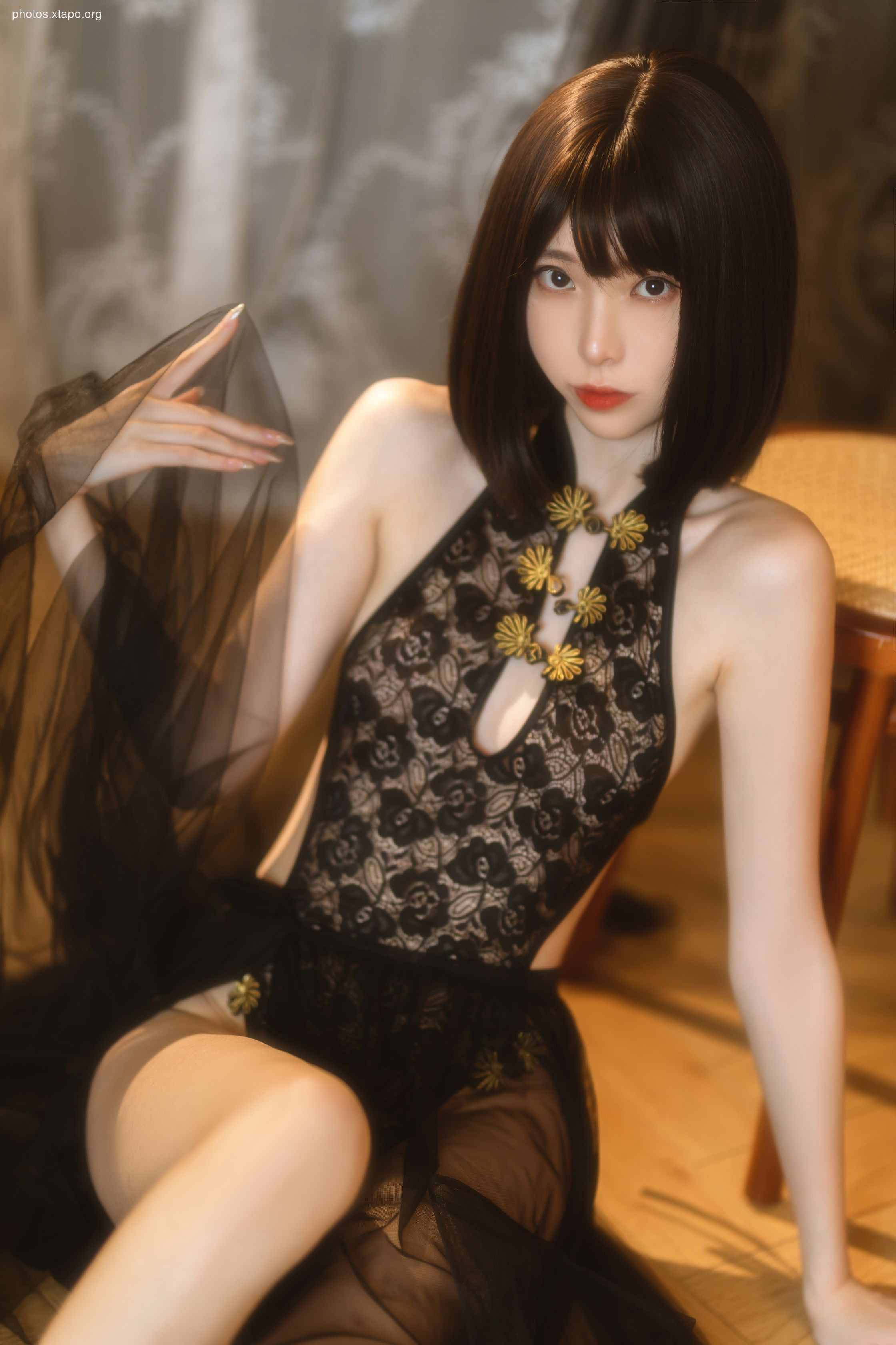 Xu Lan LAN black gauze cheongsam