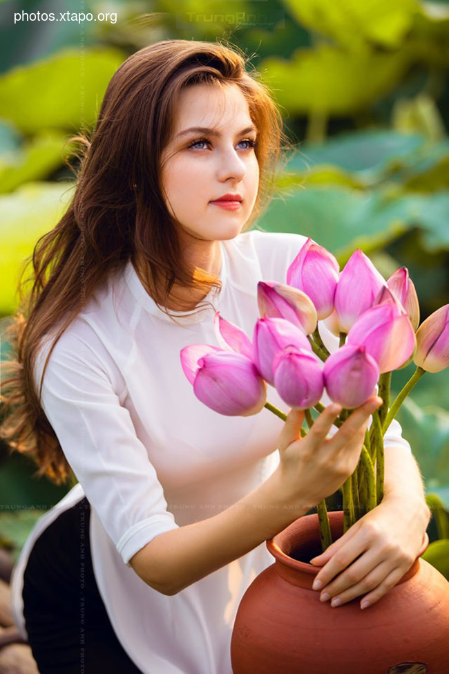 A young woman in a white ao dai arranges a bouquet of pink lotus flowers in a terracotta pot. The serene setting and the woman's gentle expression create a peaceful and captivating image.
