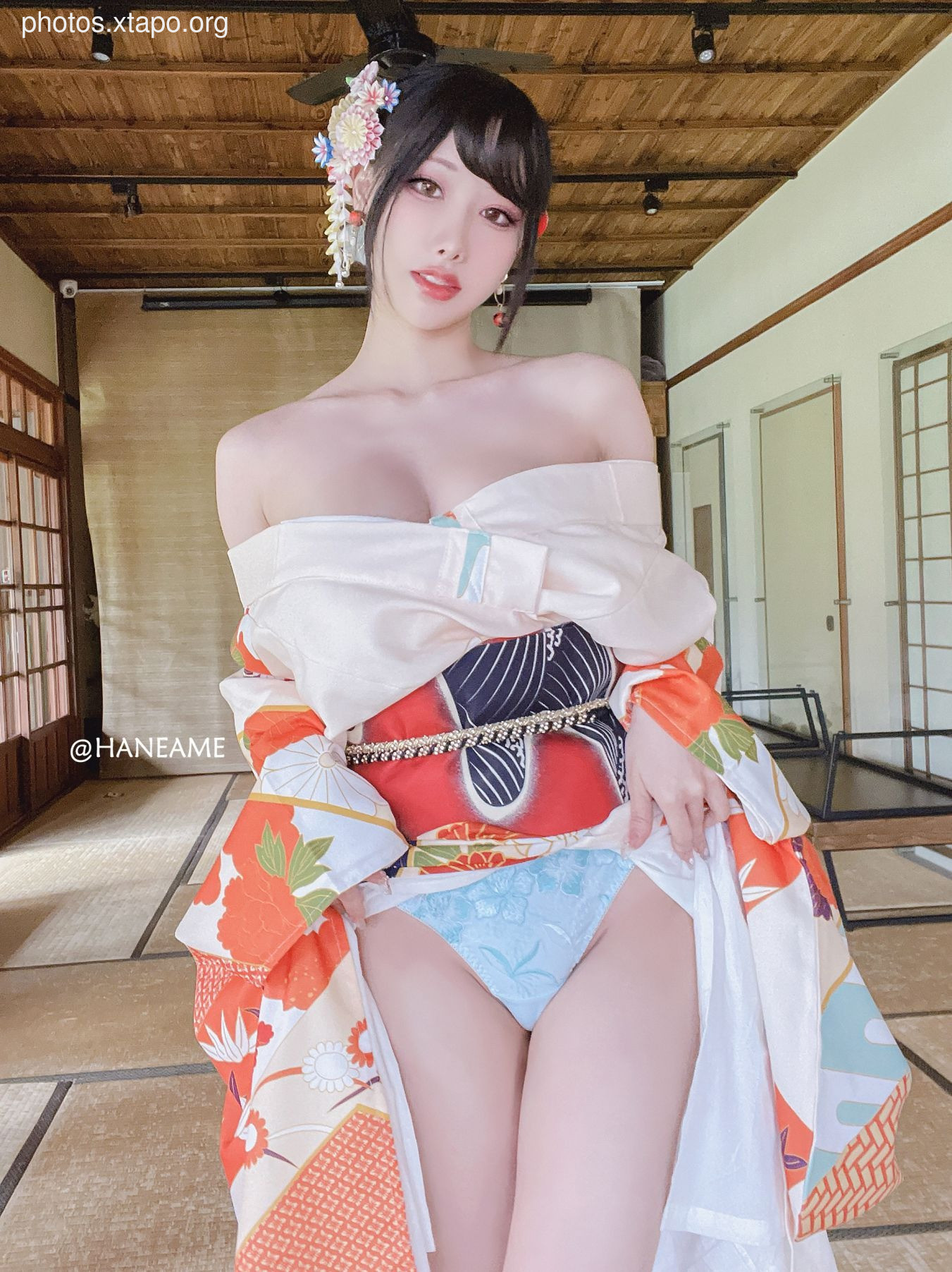 HaneAme 雨波 — Flower Print Kimono Girl