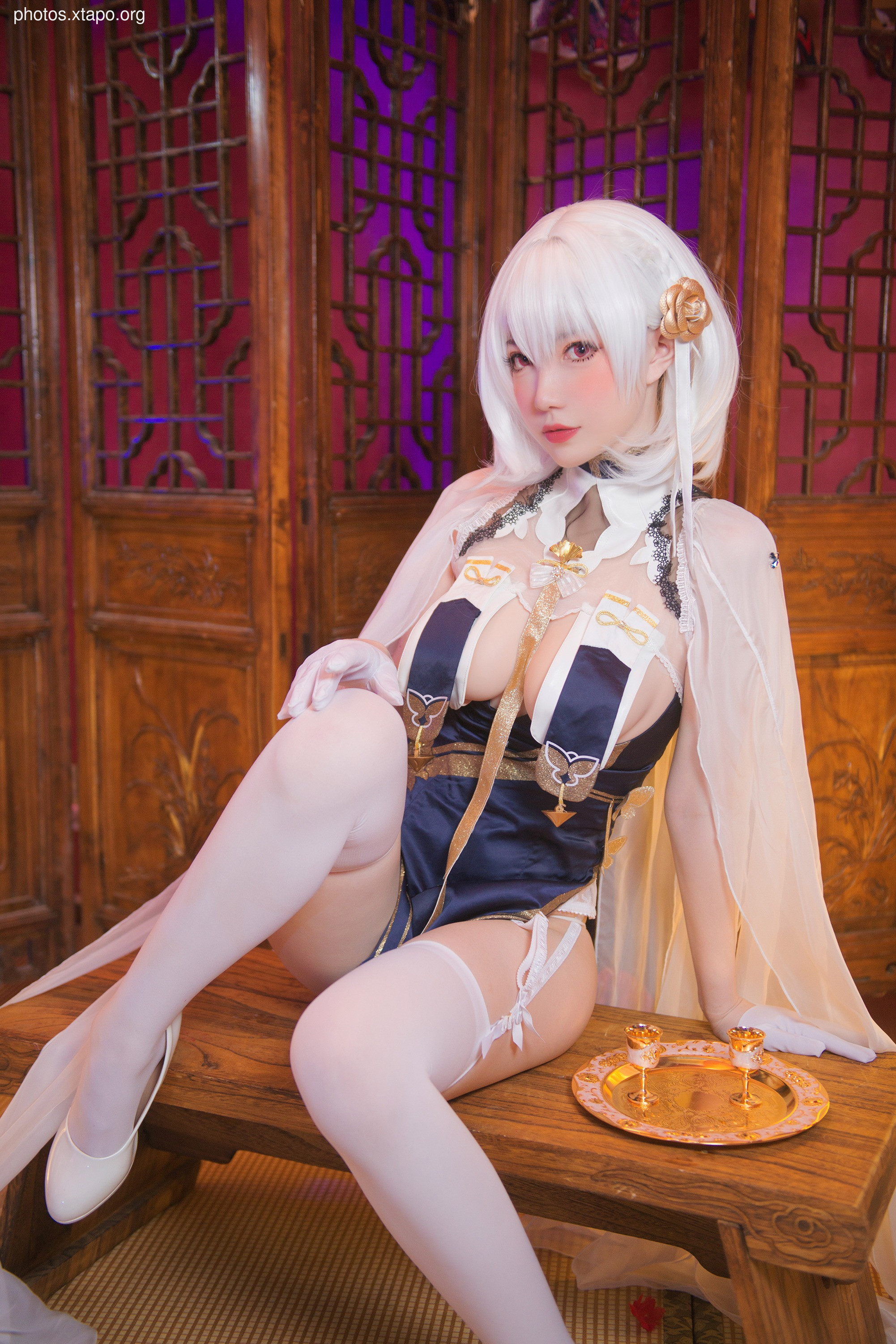 A stunning cosplay of a female character, showcasing intricate details and a captivating pose. The model's elegant attire and captivating expression bring the character to life.