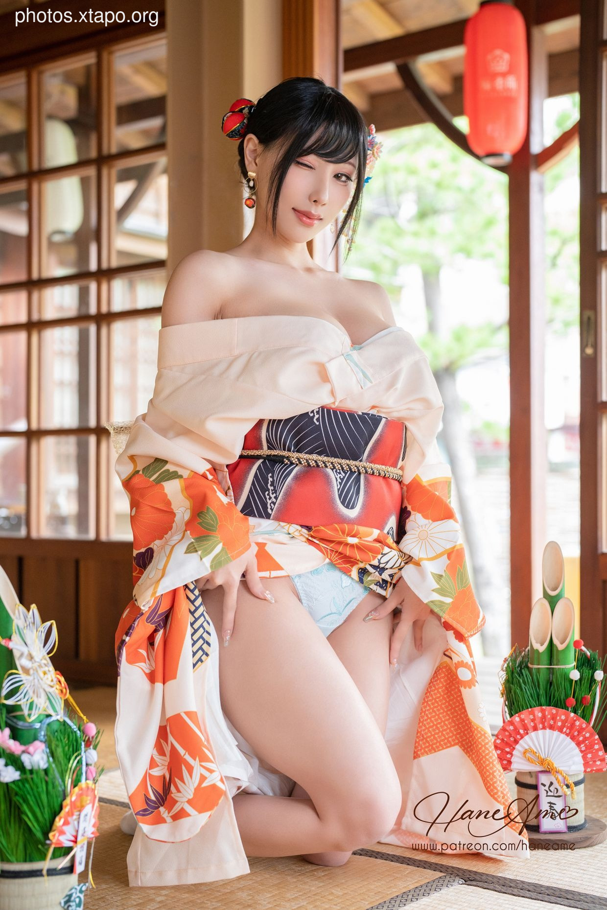 HaneAme 雨波 — Flower Print Kimono Girl