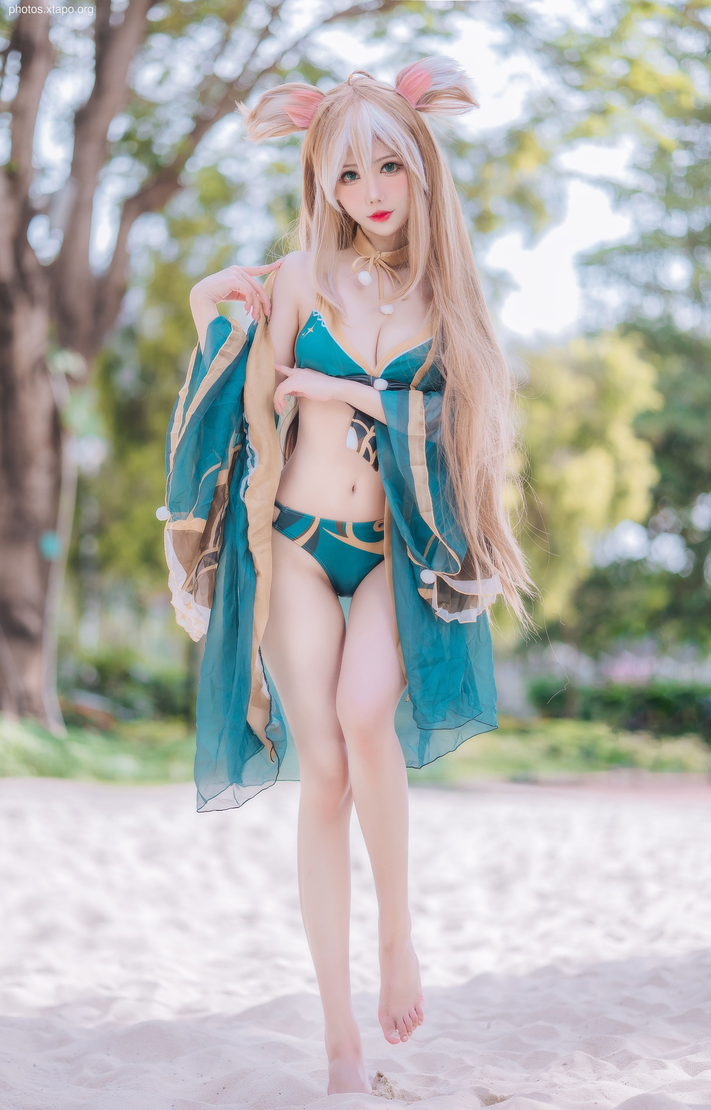 A stunning cosplay of a beach bunny, showcasing intricate details and vibrant colors. The model's pose and expression perfectly capture the character's playful spirit.