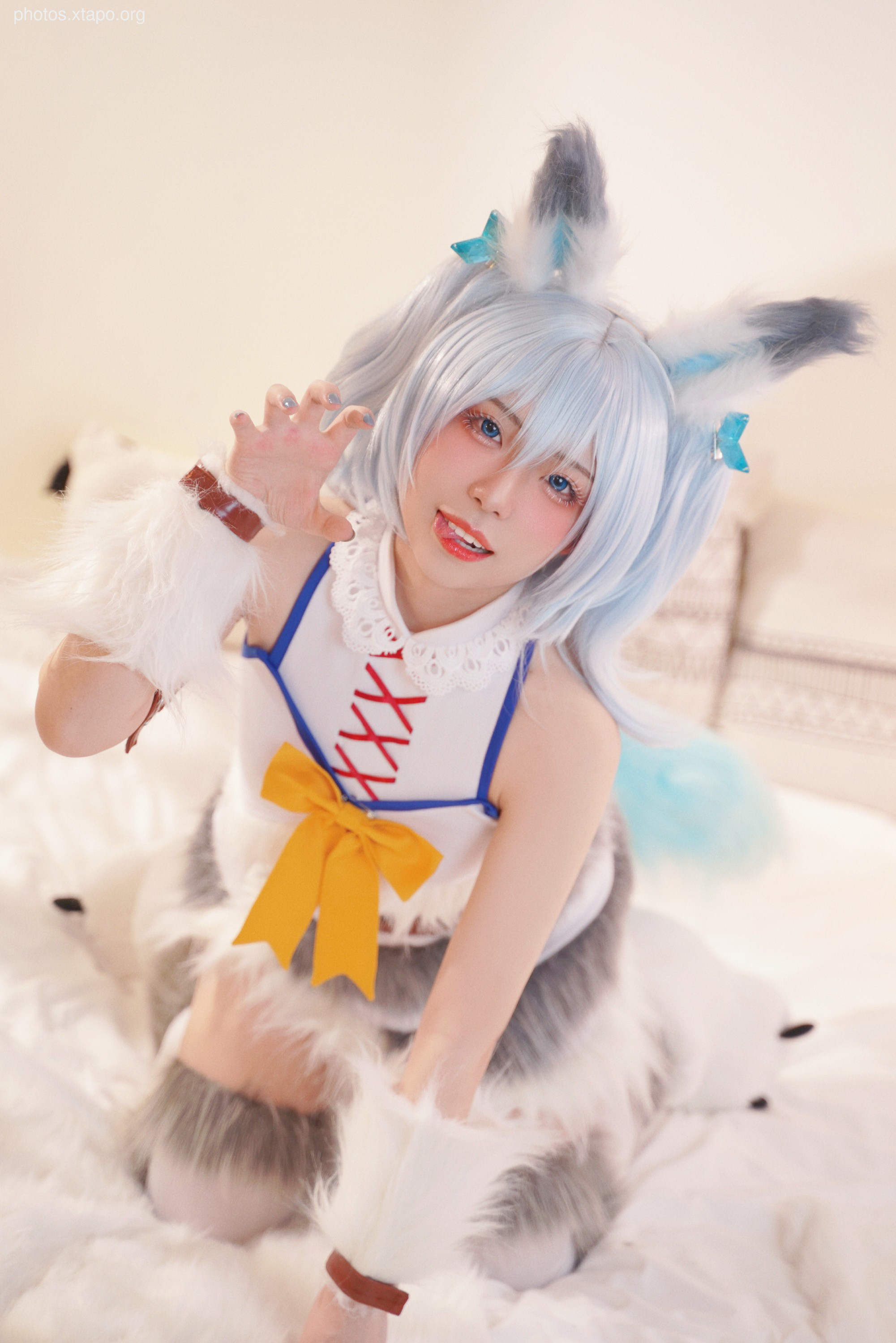 A charming cosplay featuring a character with fluffy, gray wolf ears and a white and blue outfit. The model's pose and expression add to the overall cuteness of the image.