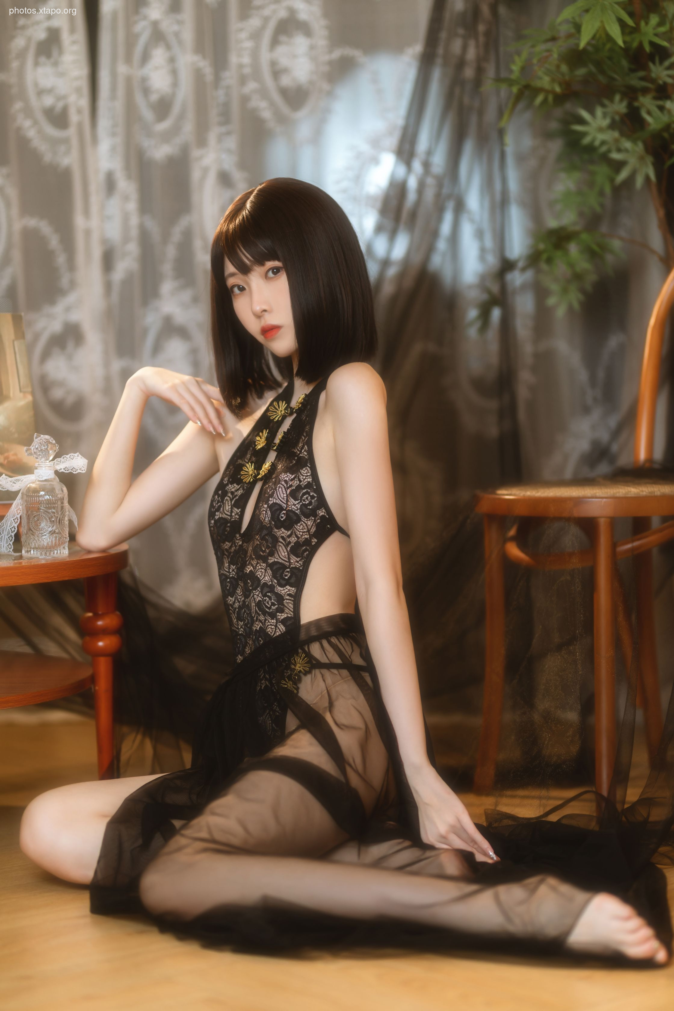 Xu Lan LAN black gauze cheongsam