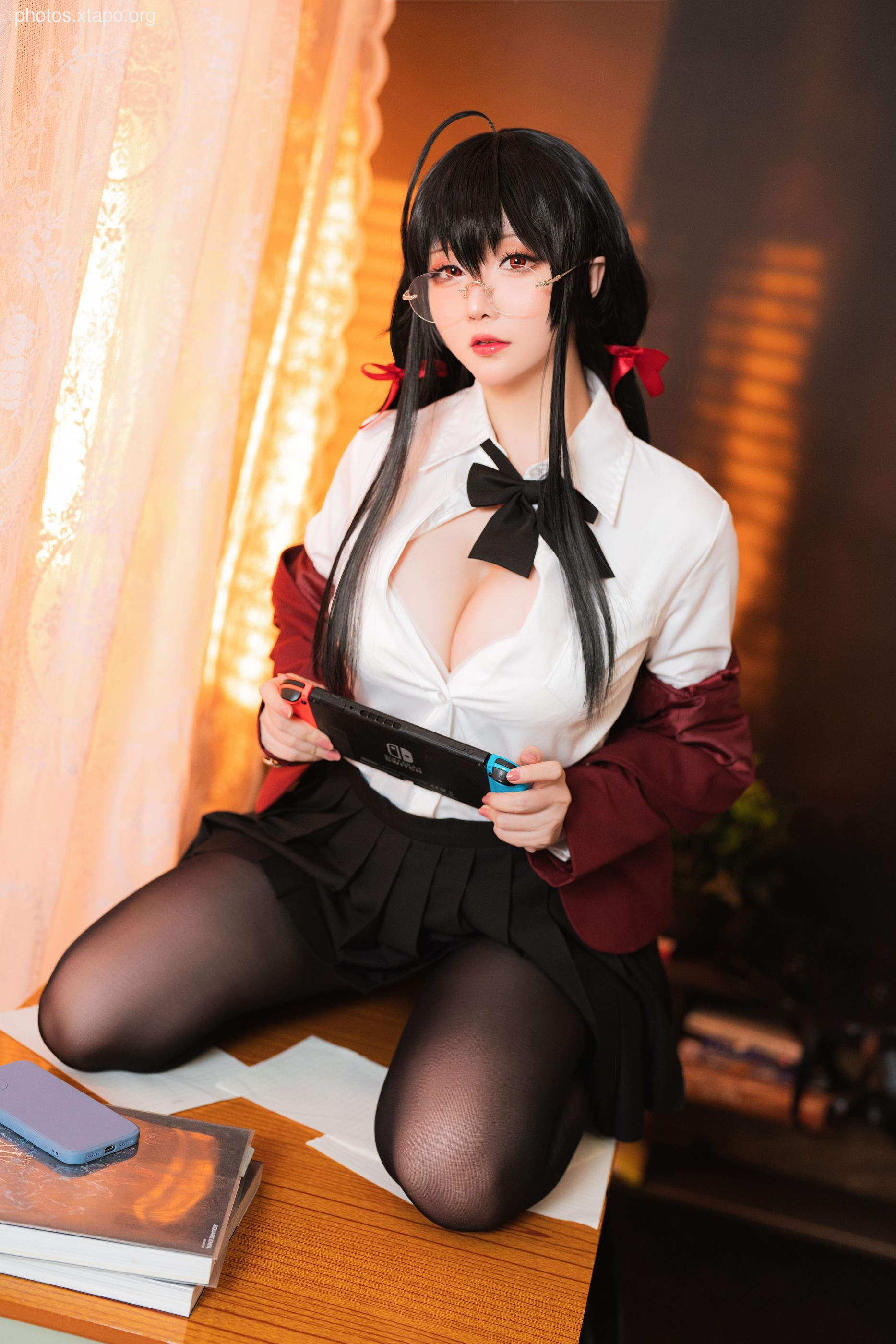 A captivating cosplay of a gamer girl engrossed in her Nintendo Switch.  She's dressed in a stylish school uniform with a hint of playful seduction.