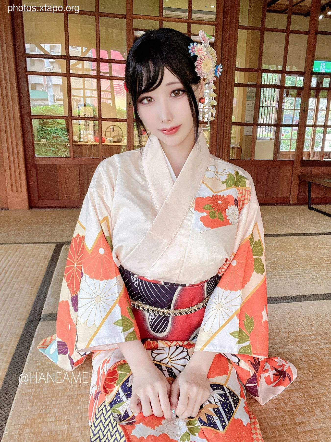 HaneAme 雨波 — Flower Print Kimono Girl