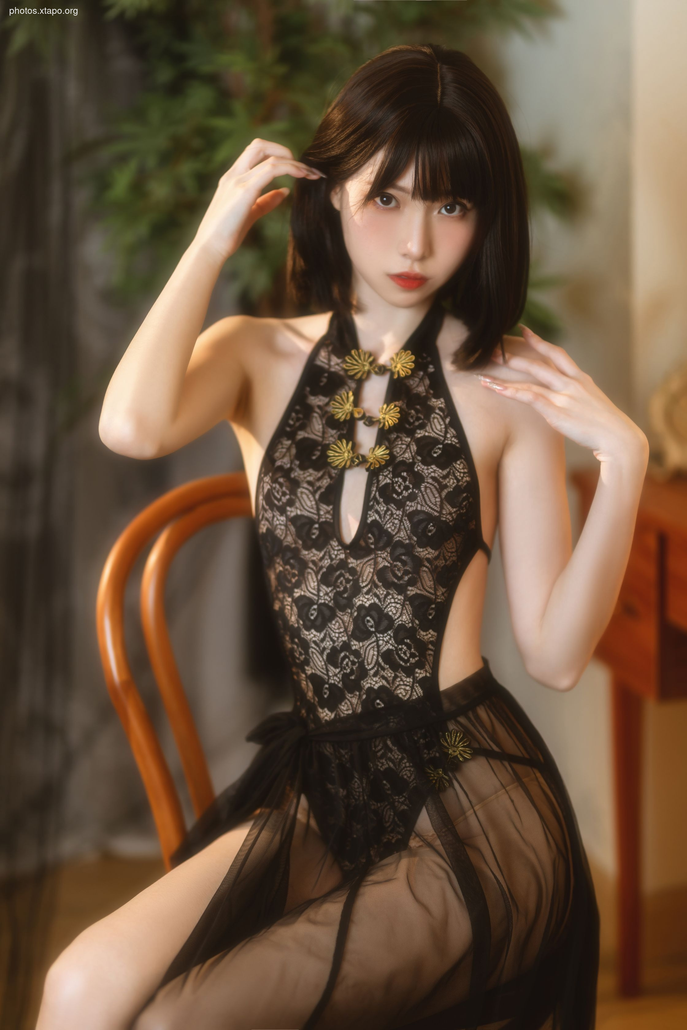 Xu Lan LAN black gauze cheongsam