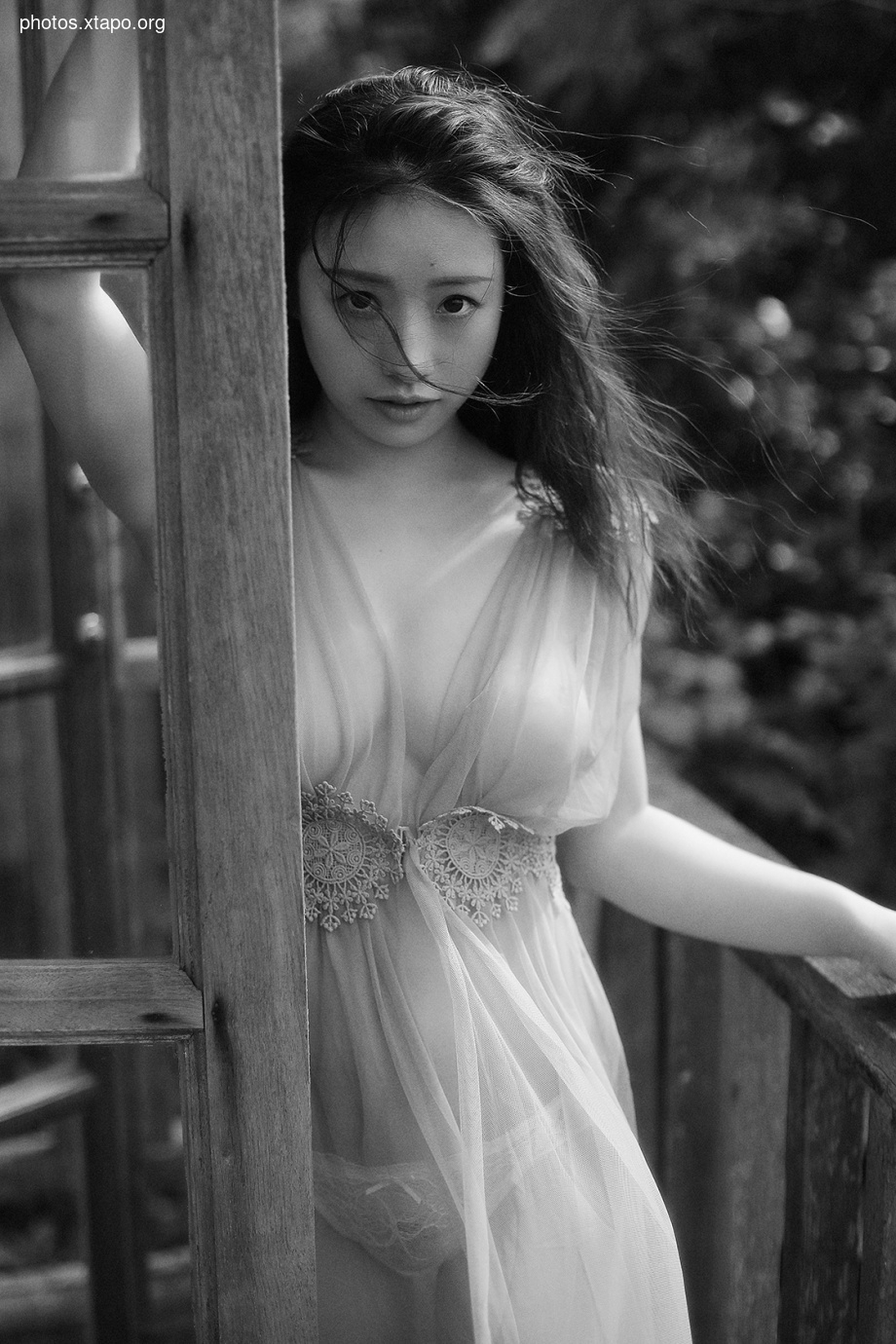 A black and white portrait of a woman standing behind a wooden fence, wearing a sheer dress with lace detailing.
