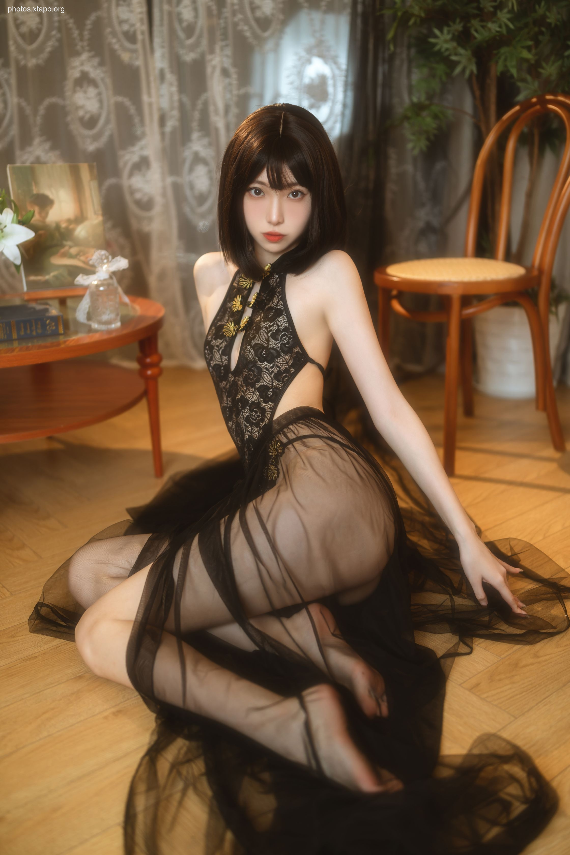 Xu Lan LAN black gauze cheongsam