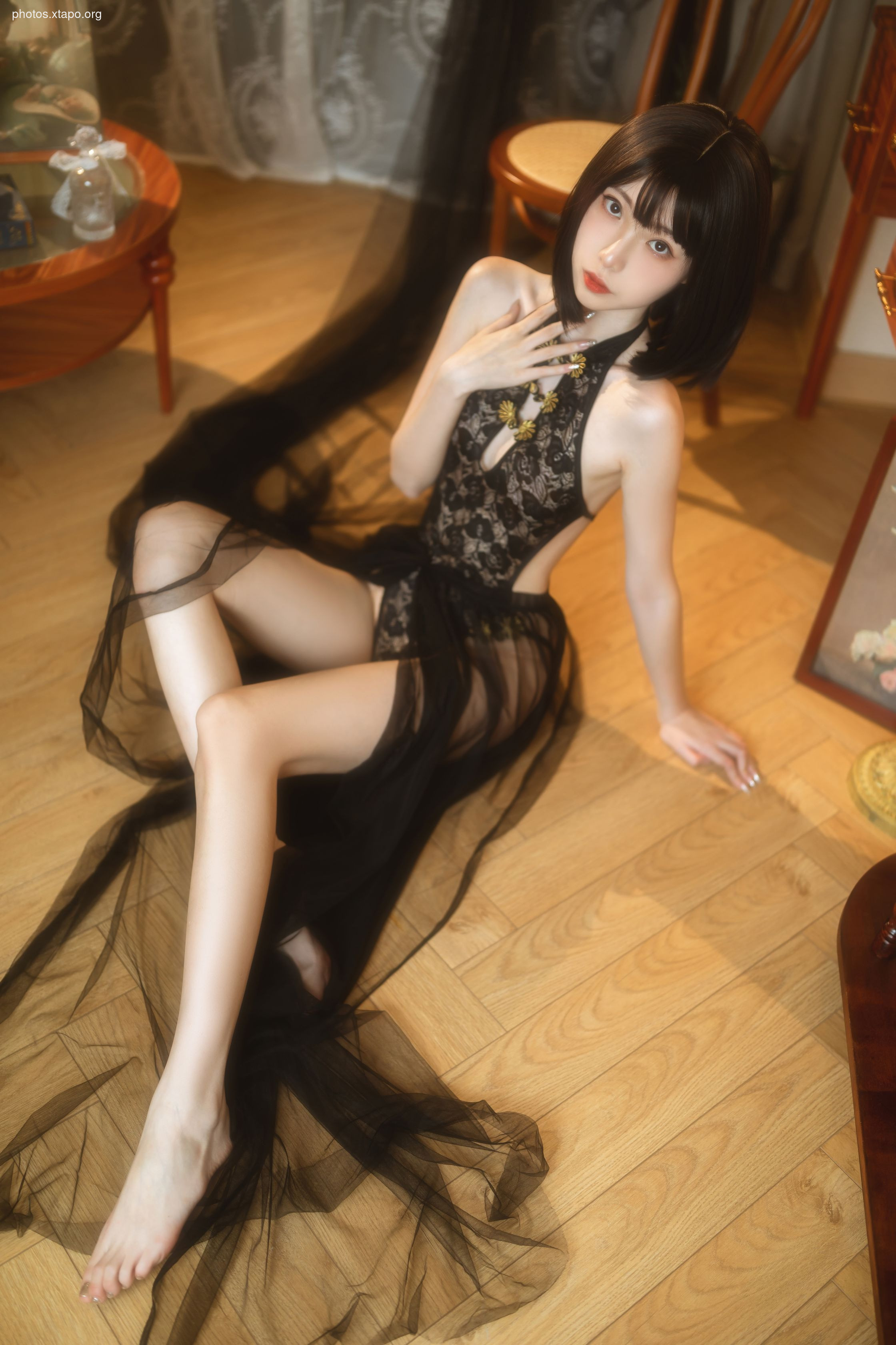 Xu Lan LAN black gauze cheongsam