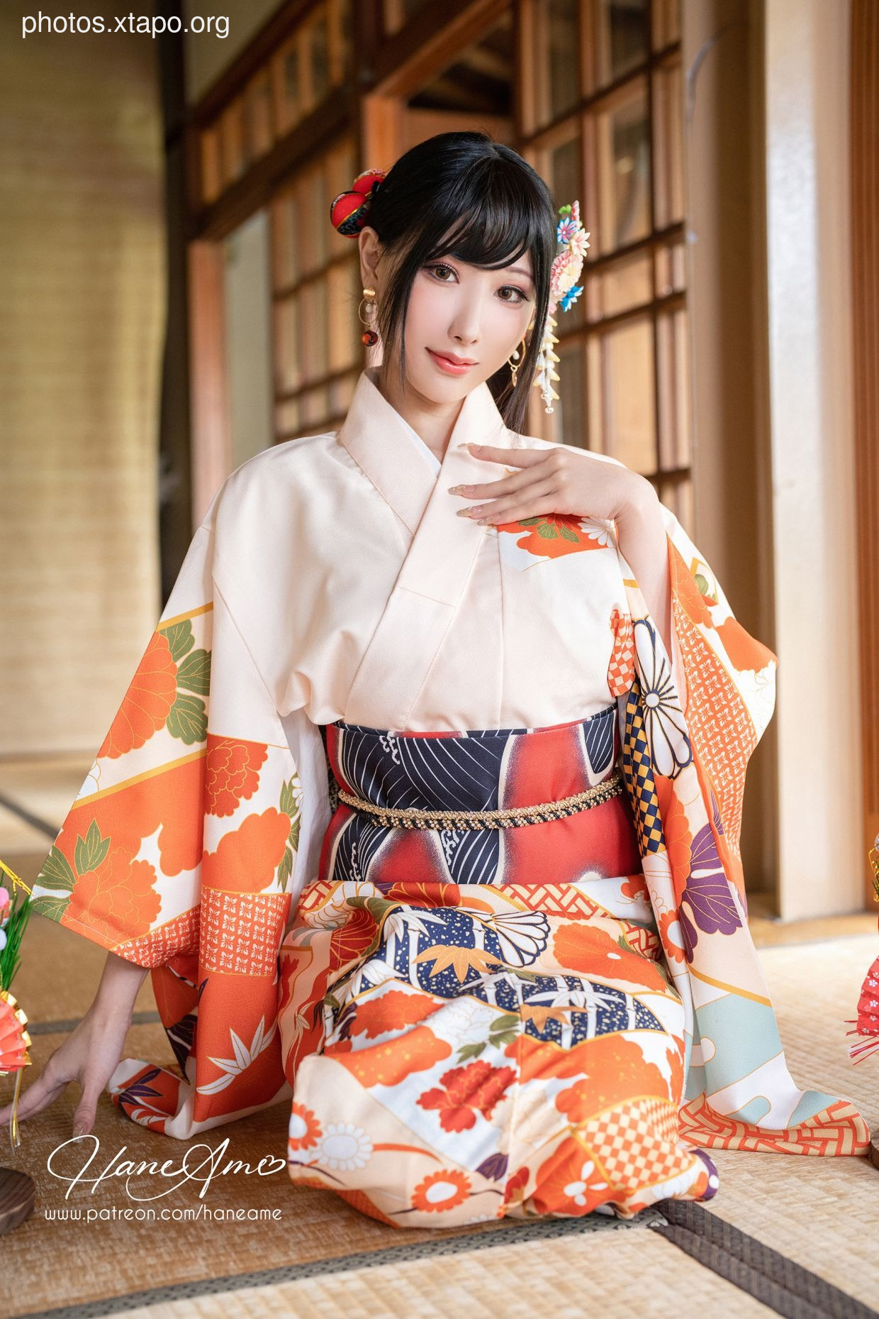 HaneAme 雨波 — Flower Print Kimono Girl