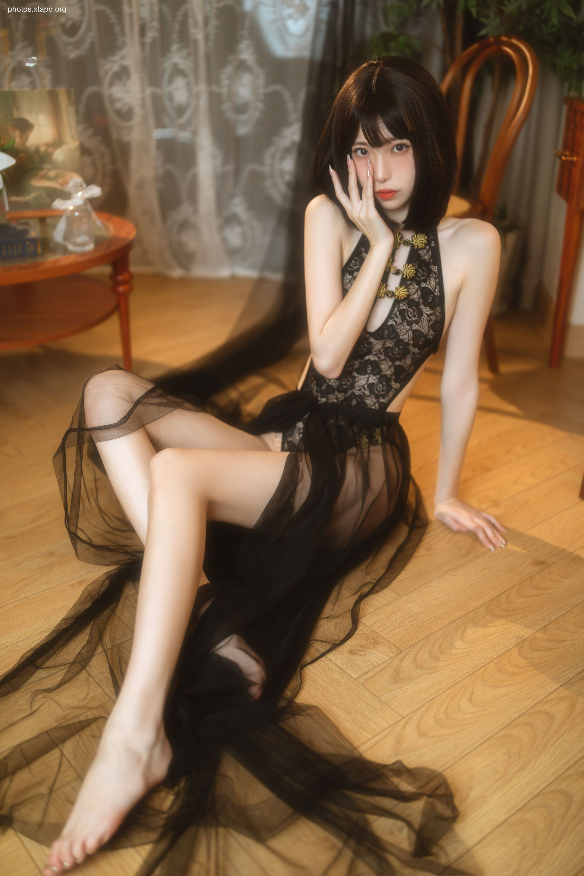 Xu Lan LAN black gauze cheongsam