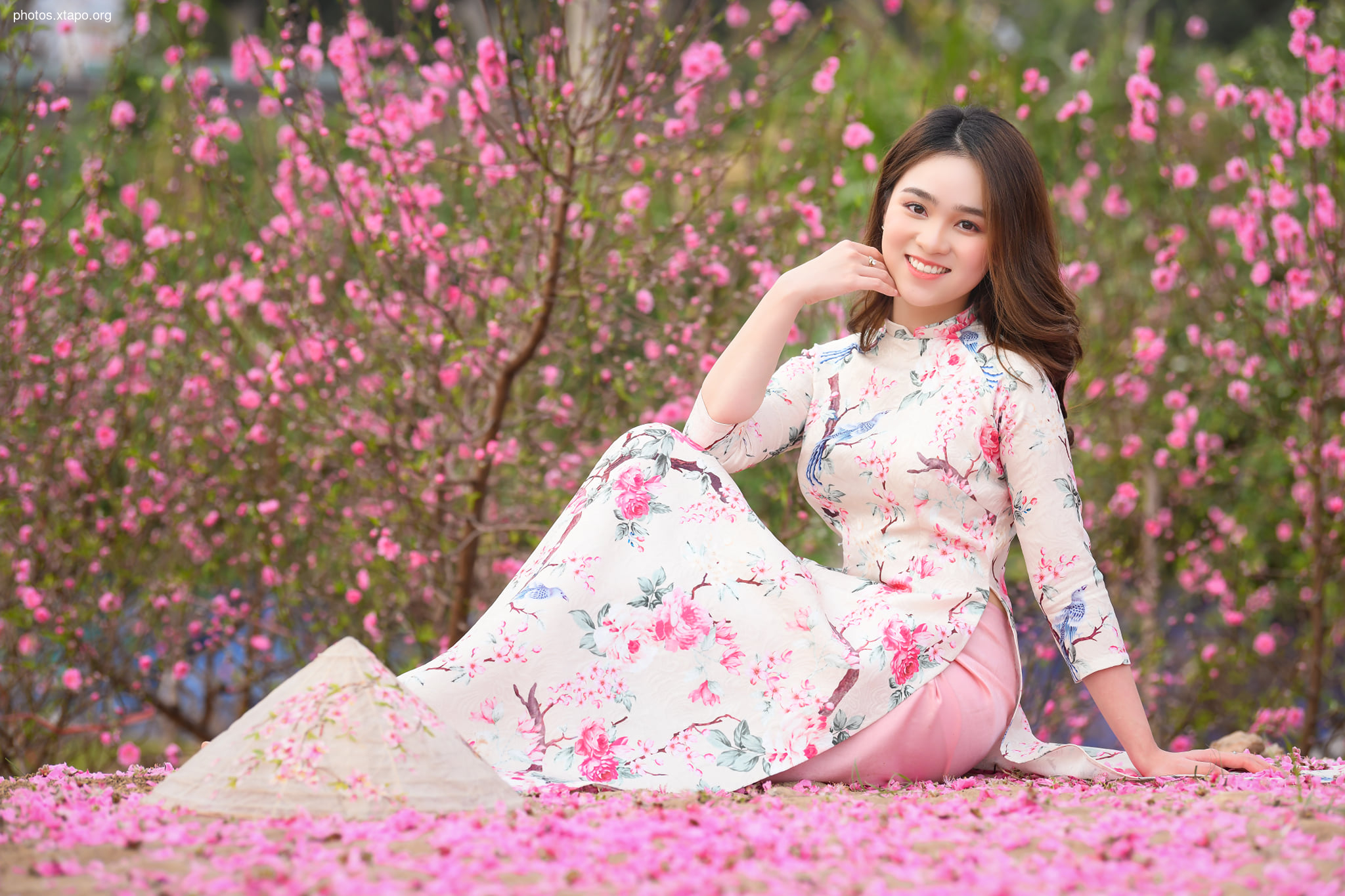 A young woman sits in a field of pink flowers, wearing a traditional Vietnamese áo dài dress with a floral print. The dress is long-sleeved and has a high neck. The woman is smiling and looking at the camera. The background is blurred, but you can see many pink flowers.