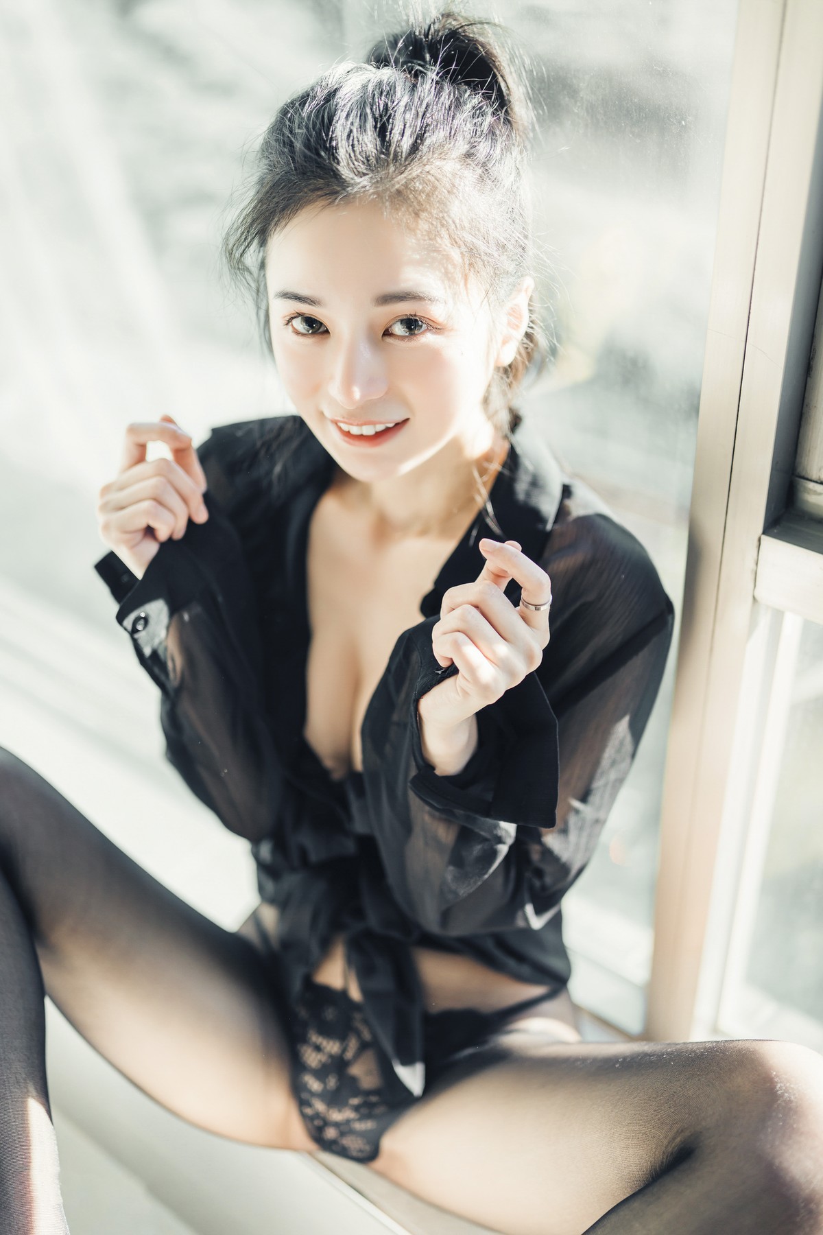 JVID Boutique 🔞Xianxianchen transparent blouse, transparent camel hoof panties, moist black stockings, my girlfriend is a little bit sexy this time😈 a little sweet Set.02